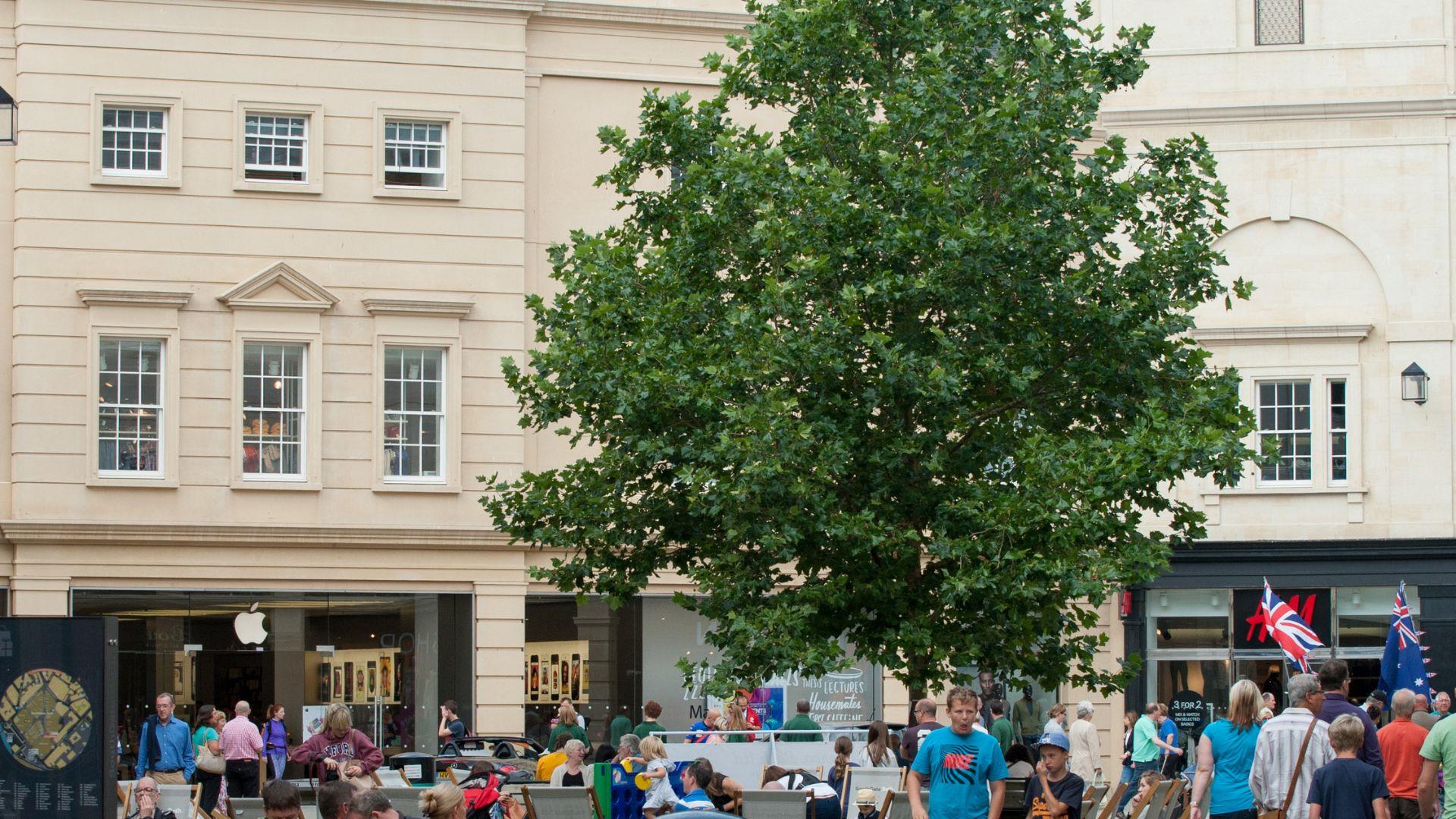 SouthGate with tree and shoppers