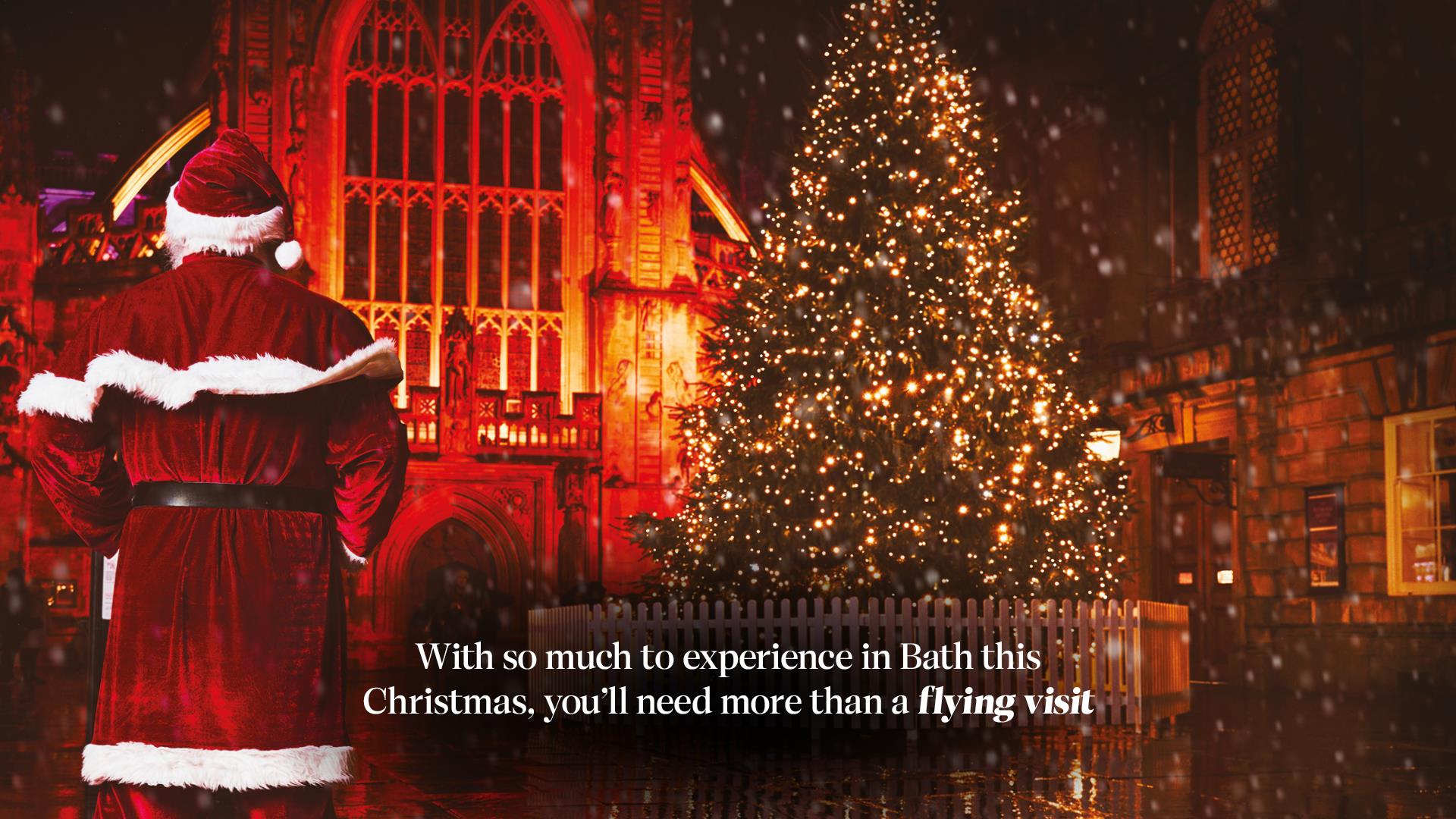 Bath at Christmas Campaign Father Christmas at Bath Abbey with text overlay