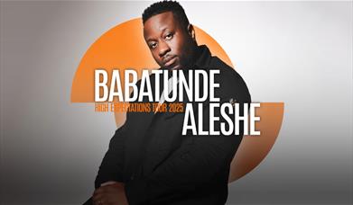 Babatunde Aleshe sat looking at the camera with orange semi circle shapes behind him