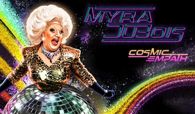 Myra Dubois, a disco ball and a rainbow on a space themed background. 