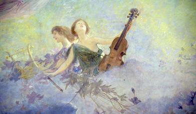 A portrait of two women, one of which is holding a violin.