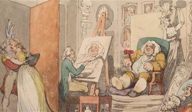 Thomas Rowlandson, Comforts of Bath - The Artist, 1798. Image shows a wealthy man being painted by an artist.