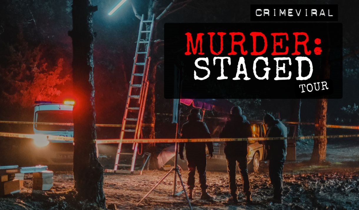 A crime scene. In the upper right hand corner there is text  'Murder: Staged.