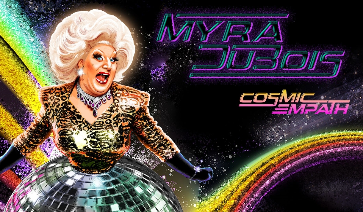 Myra Dubois, a disco ball and a rainbow on a space themed background.