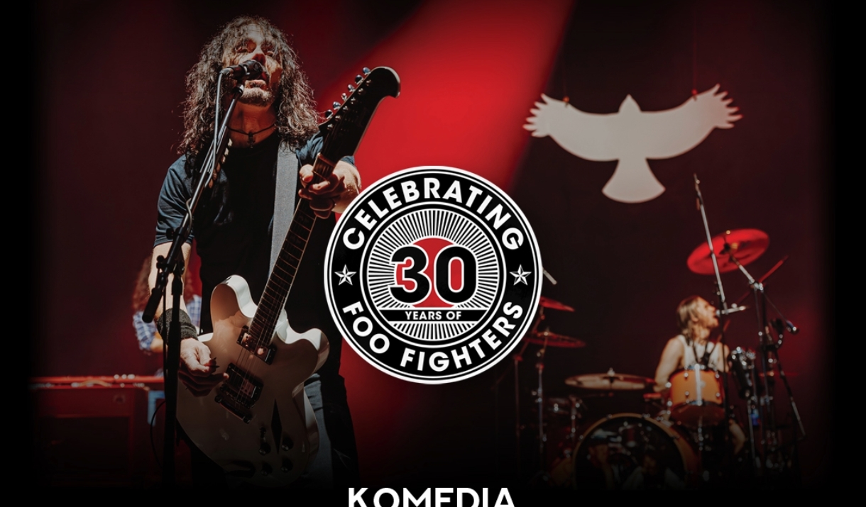 Promotional poster for a UK Foo Fighters concert at Komedia Bath on Friday 9 May 2025. The poster features a guitarist singing into a microphone with