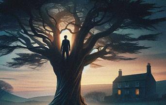 An atmospheric image of a figure in a tree and a house in the background.