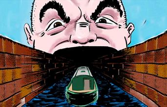 An illustration of an angry oversized head swallowing a boat as the canal water floats it into his mouth