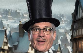 Headshot of a man wearing a top hat superimposed onto a backdrop of a snow-covered 18th century town