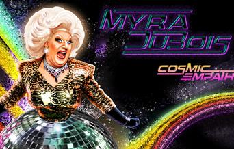 Myra Dubois, a disco ball and a rainbow on a space themed background.