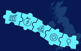 A graphic showing icons representing the UK Government's five key missions on top of an outline of the UK.