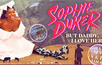 Sophie Duker tour promo image, featuring her in a a white dress